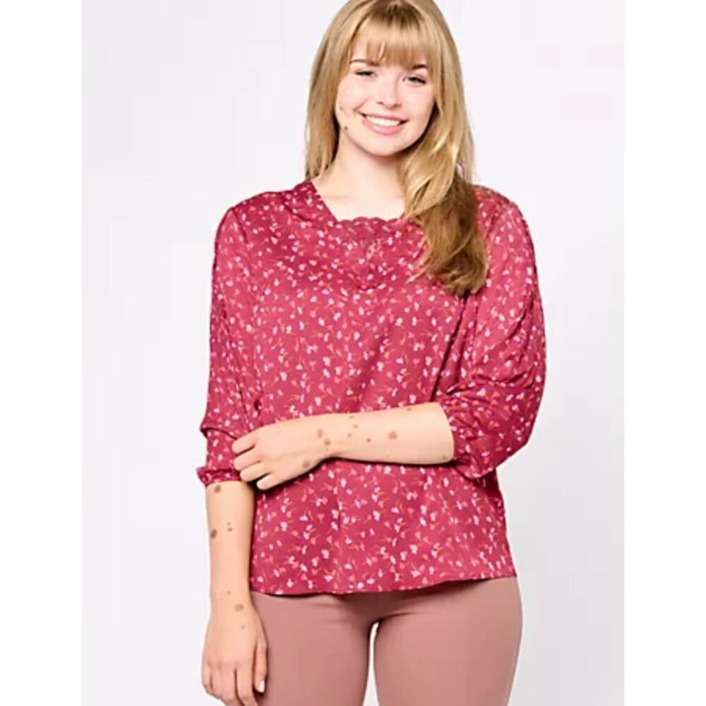 NEW Isaac Mizrahi QVC Woven Crepe Blouse w/ Pleat Detail & Lace Sz 10 Boho Fall